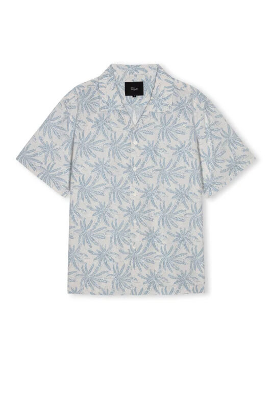 Rails Rhodes Shirt men's short sleeve crepe button-up with boxy cropped fit, vintage-inspired notched collar and back box pleat.