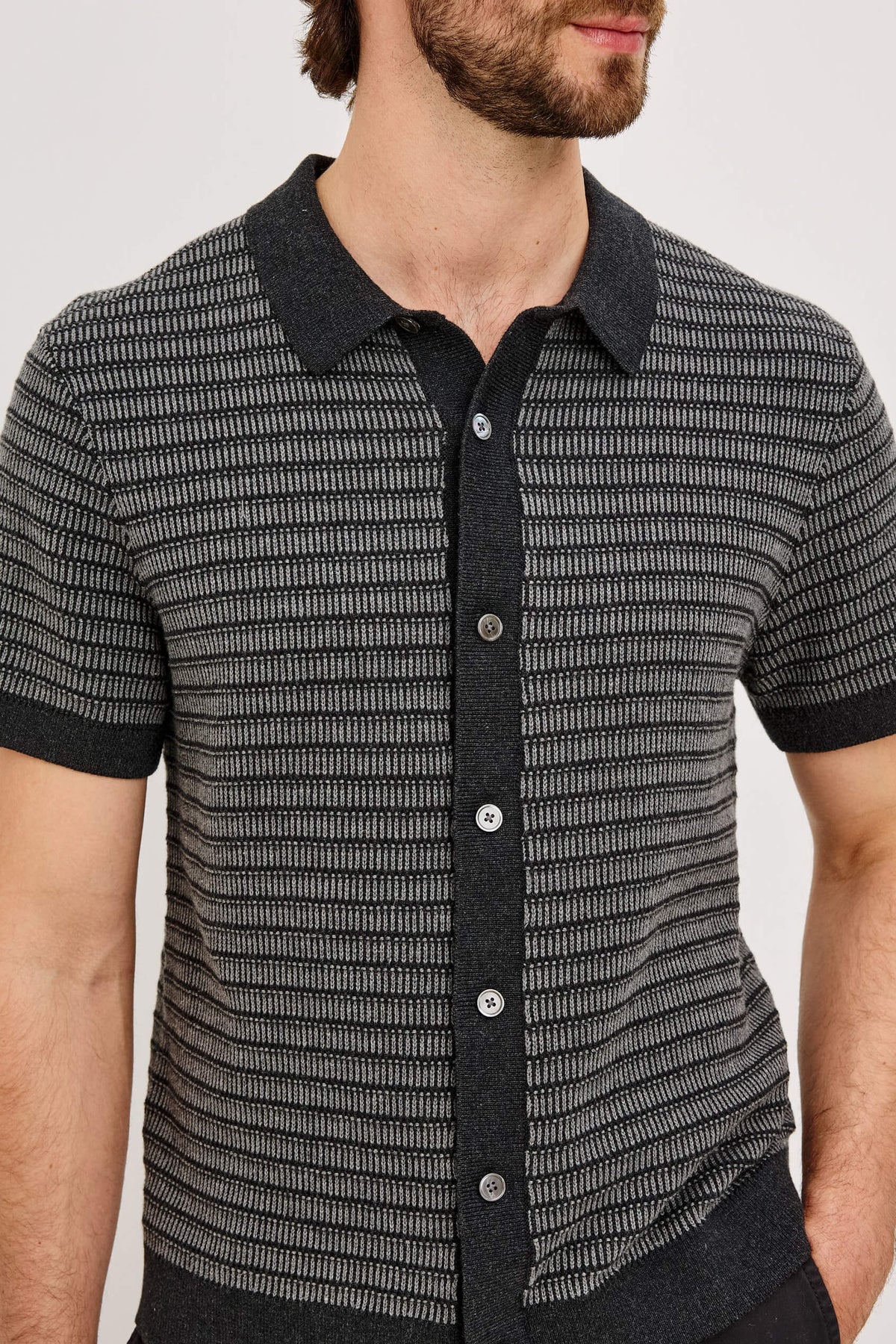 Rails Rubin Shirt men's short sleeve cotton sweater polo with full button front, ribbed collar and tonal stripe texture.