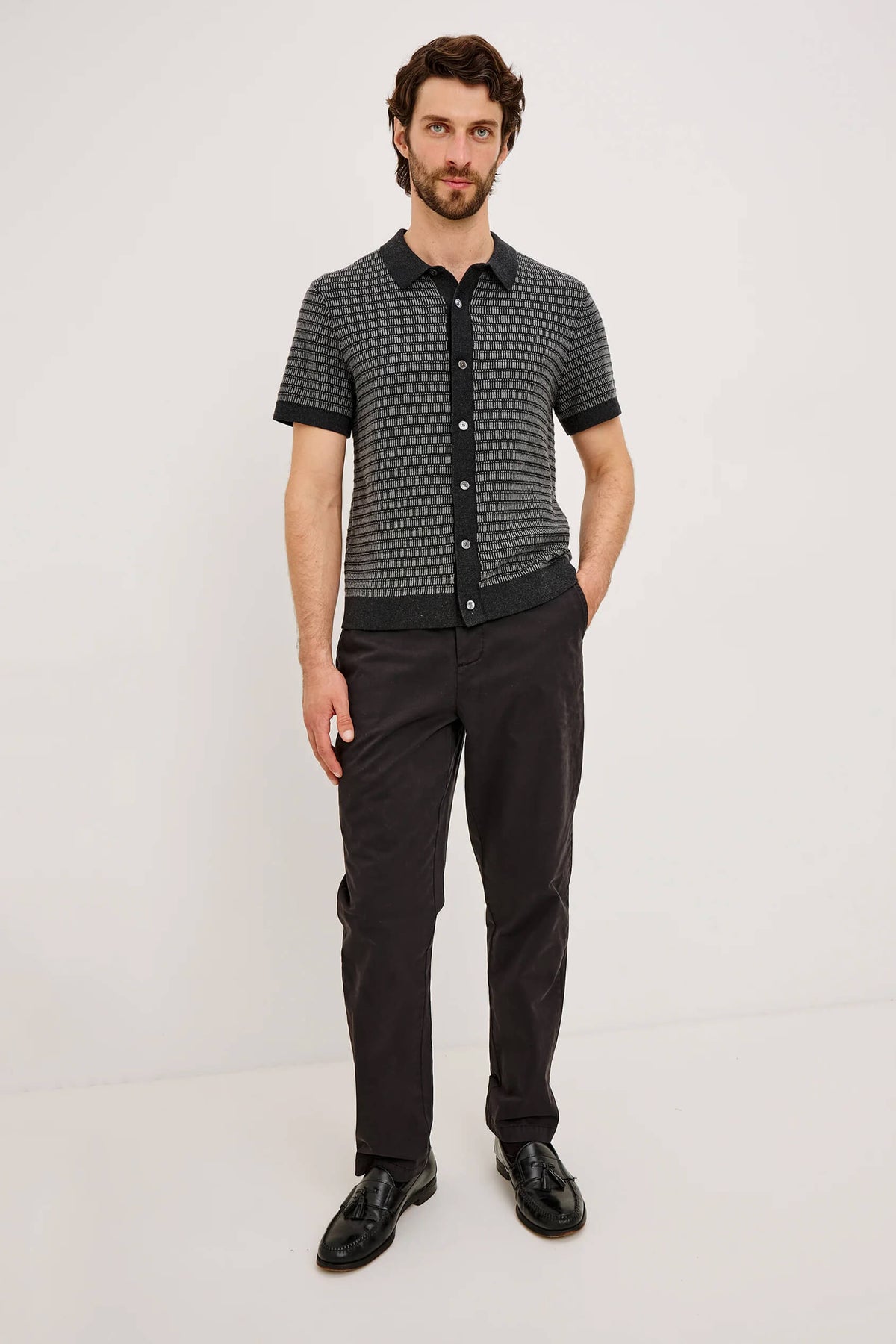 Rails Rubin Shirt men's short sleeve cotton sweater polo with full button front, ribbed collar and tonal stripe texture.