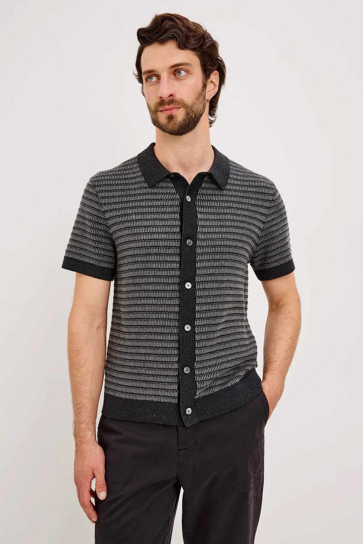 Rails Rubin Shirt men's short sleeve cotton sweater polo with full button front, ribbed collar and tonal stripe texture.