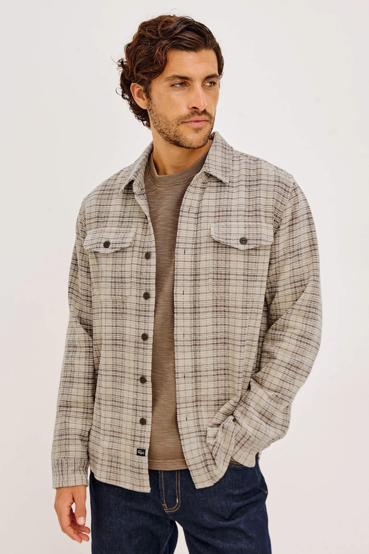 Rails Warren Overshirt men's textured chenille cotton-blend button-down with relaxed fit, point collar and dual chest flap pockets.