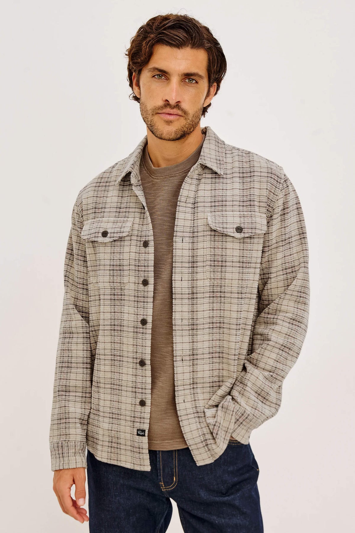Rails Warren Overshirt men's textured chenille cotton-blend button-down with relaxed fit, point collar and dual chest flap pockets.