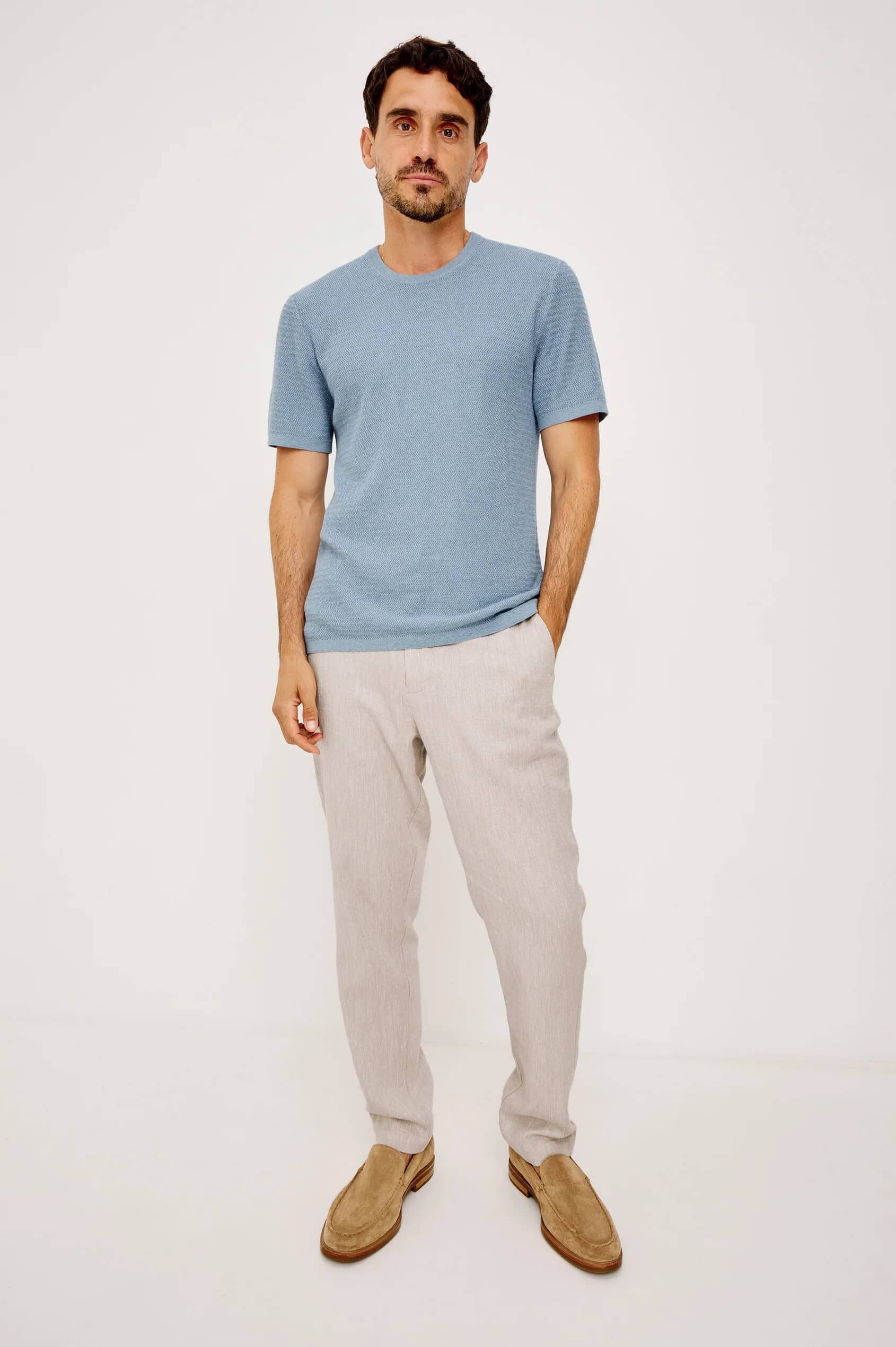 Model wearing the Theo Shirt in Blue Sky by Rails