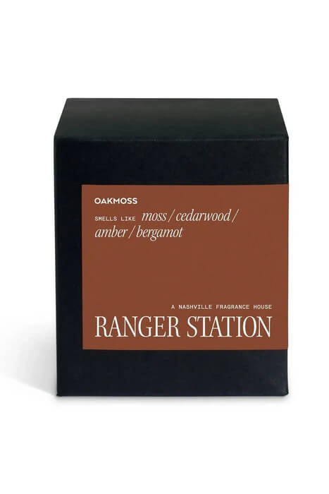 Ranger Station Oakmoss Candle 8 oz. soy wax blend candle with moss, cedarwood, amber and bergamot fragrance notes.