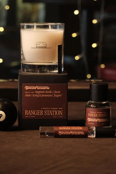 Ranger Station Smooth Operator Candle 8.5 oz. soy wax blend candle with bergamot, moss, cedarwood, sandalwood and musk fragrance notes.