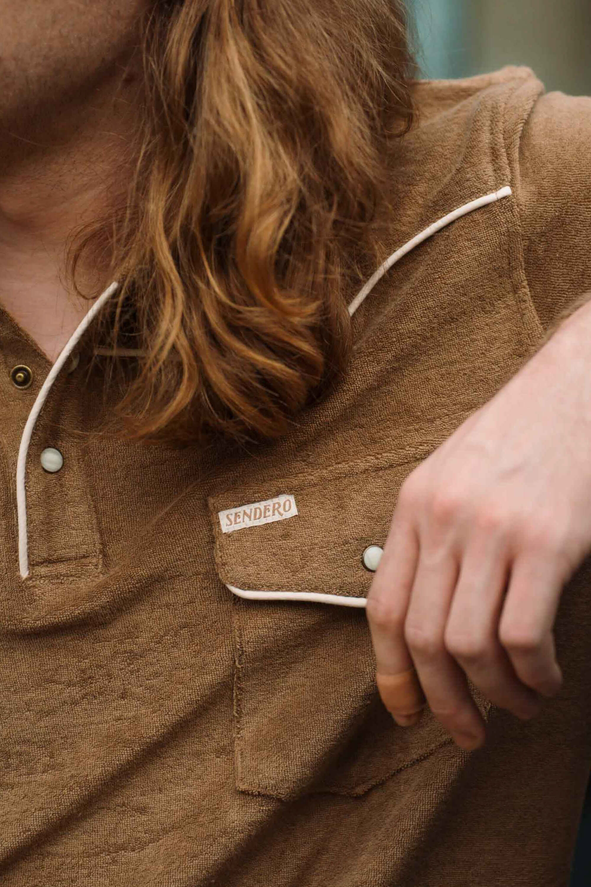 Sendero Cantina Terry Polo in light brown closeup