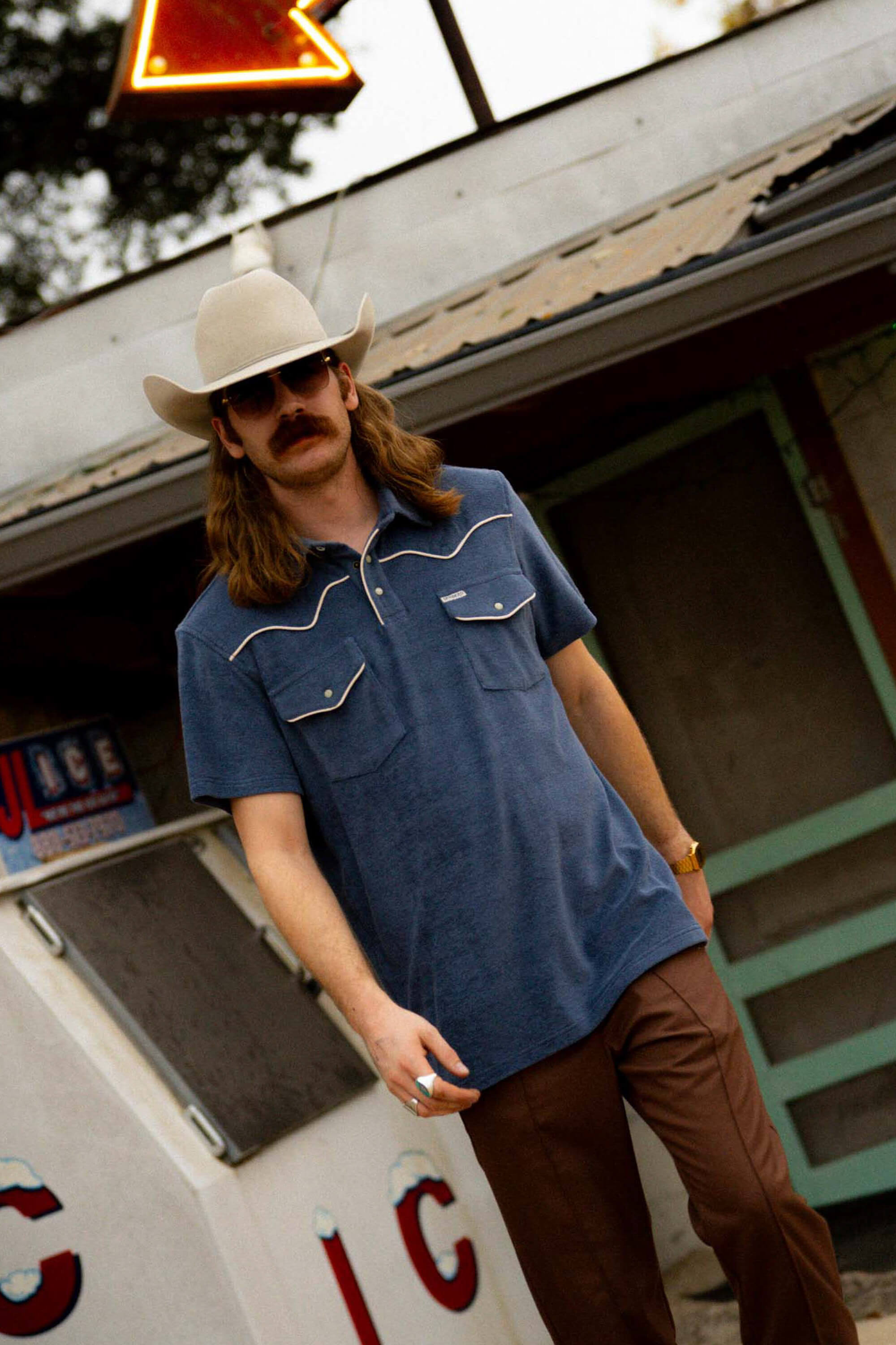 Sendero Cantina Terry Polo in vintage indigo lifestyle