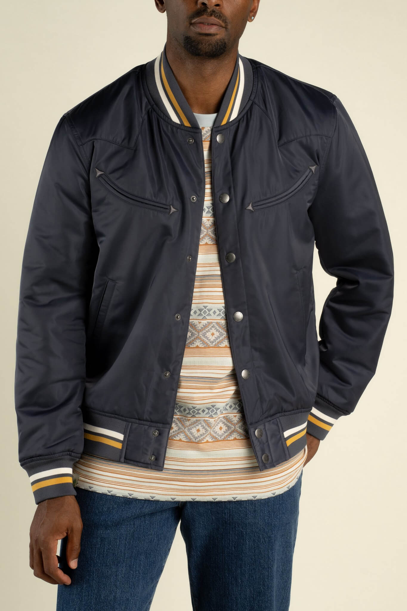 Sendero Provisions Co. Diver Jacket men's satin bomber jacket with classic fit, ribbed trim and arrow pockets.