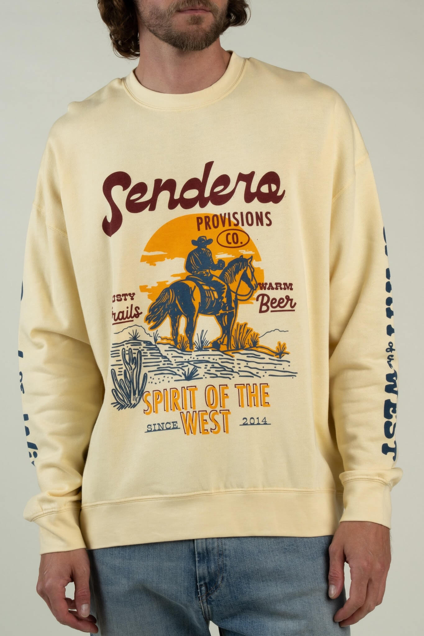 Sendero Provisions Co. Dusty Trails men's graphic crewneck sweatshirt with Western-inspired artwork.