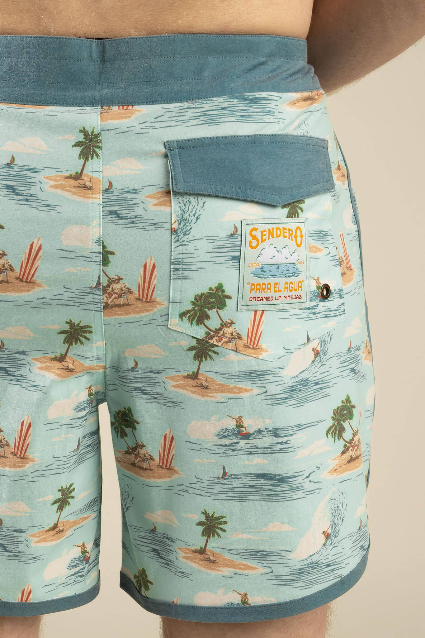 Sendero Point Bar Boardshorts in malibu cowboy back details