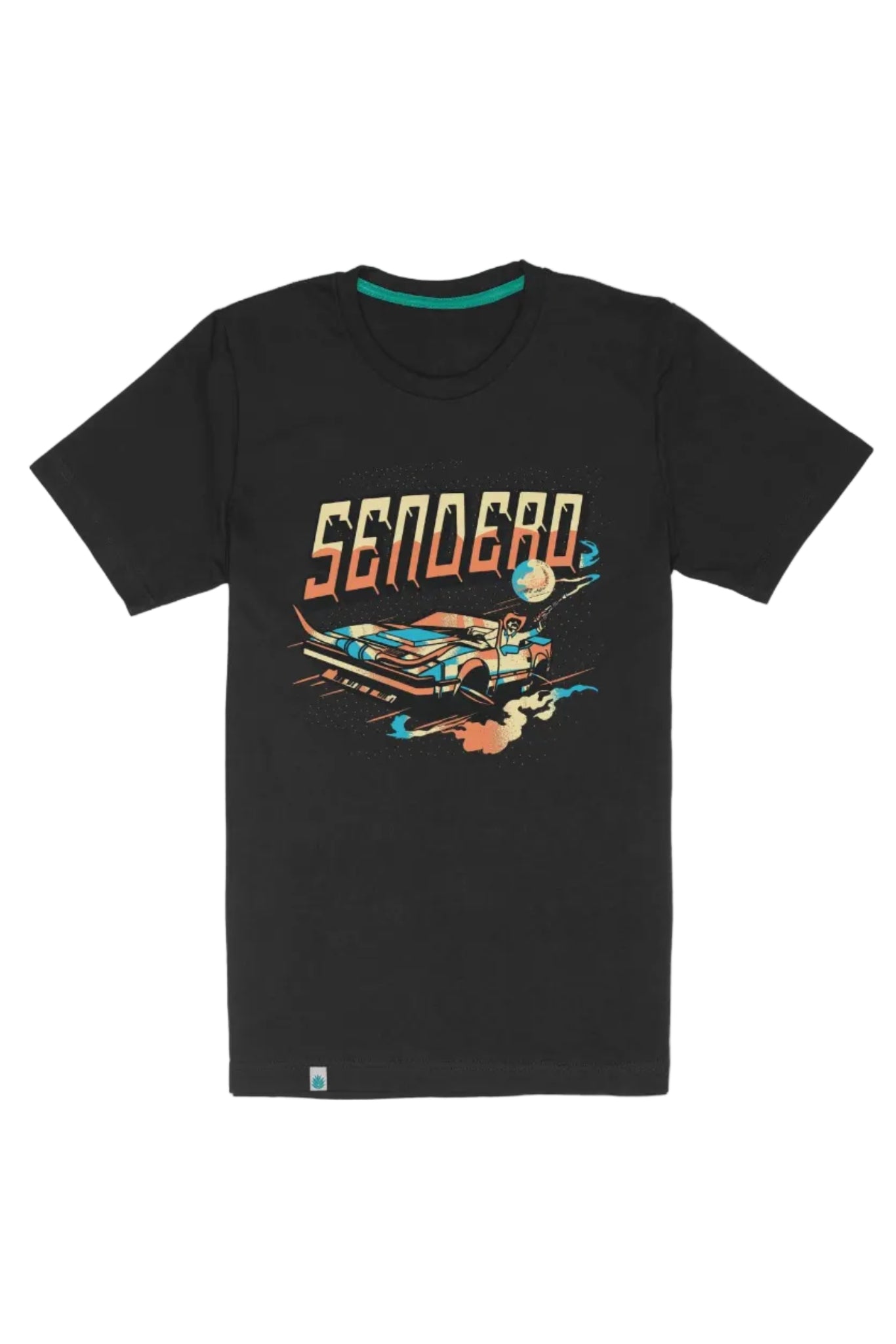 Black t-shirt with colorful graphic design and 'Sendero' text on a white background
