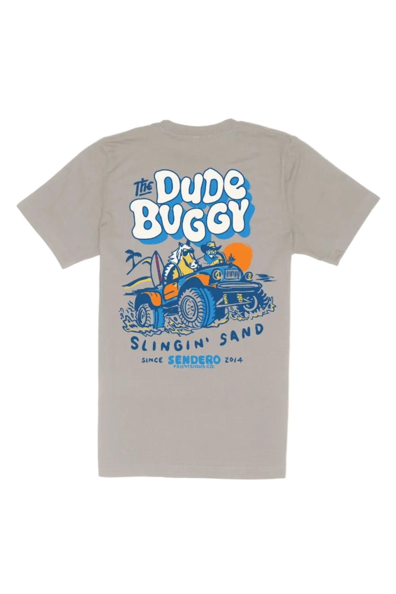 A light gray t-shirt showing the back side with a colorful graphic print of 'The Dude Buggy' driving a blue jeep through sand, with 'SLINGIN' SAND' and 'SINCE SENDERO 2014' written below.