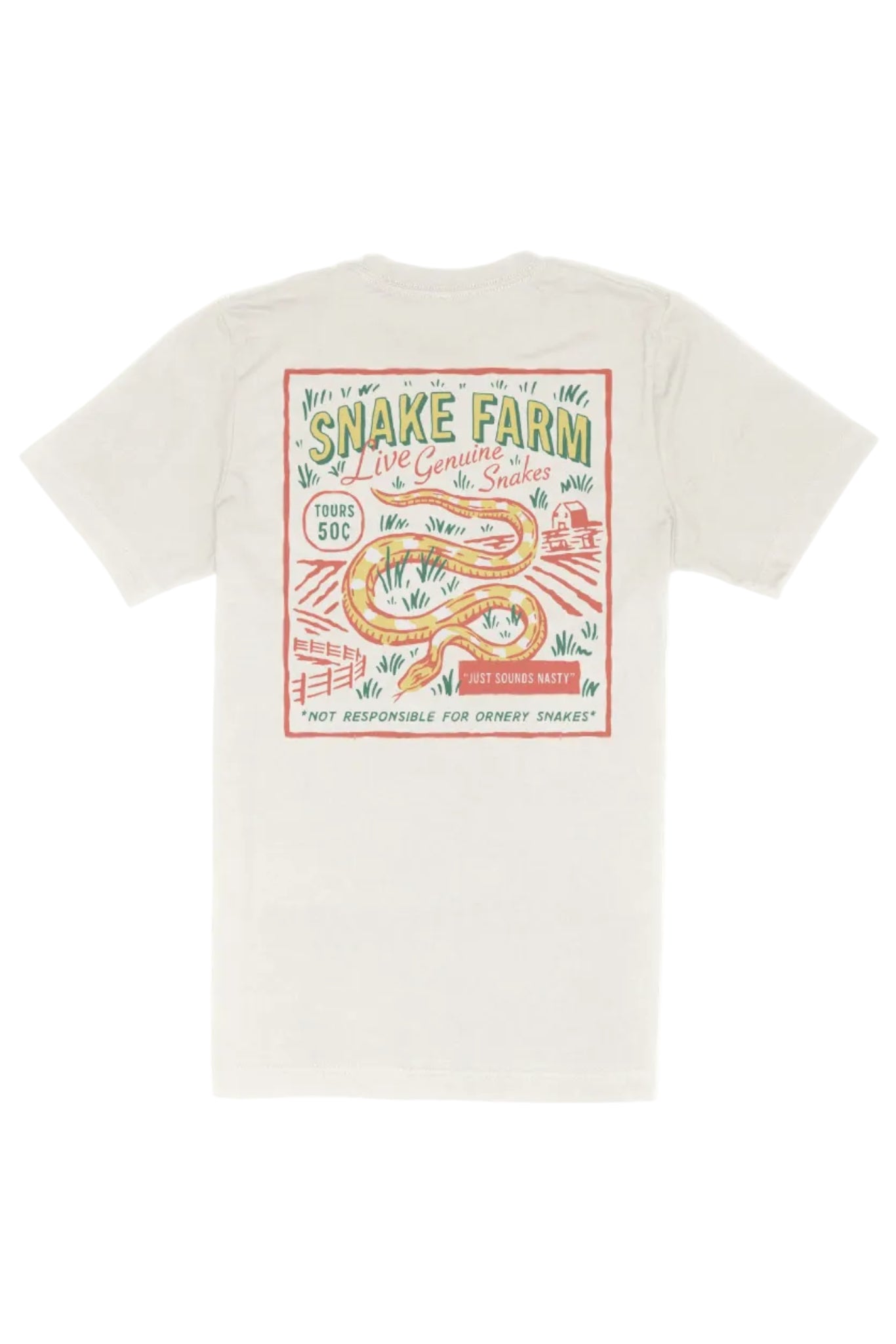 An off-white short-sleeve t-shirt with a vintage-style graphic on the front reading 'SNAKE FARM Live Genuine Snakes' in green and orange-red lettering, featuring an illustration of a coiled snake and a barn.