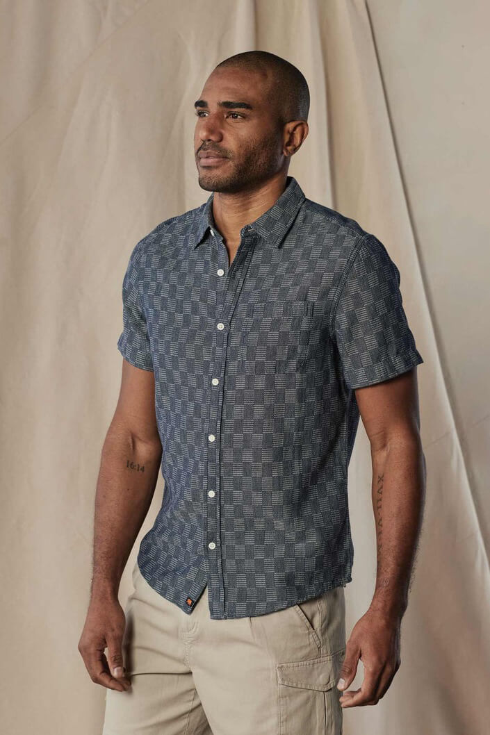 The Normal Brand Freshwater Button Up in summer navy check